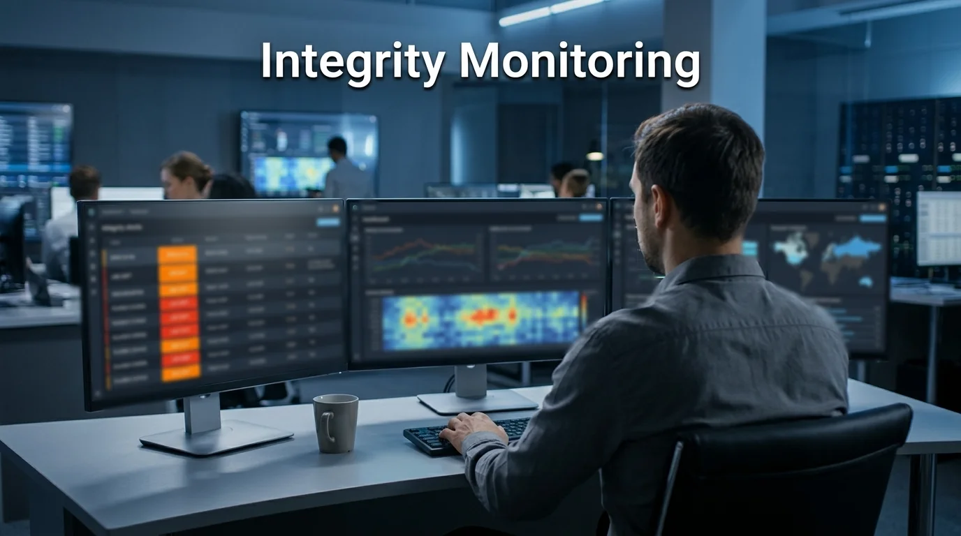 Data analyst reviewing real-time sports betting integrity alerts on multiple screens in a monitoring centre
